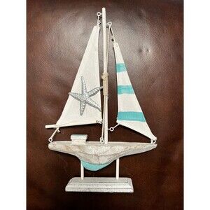 Wooden Sailboat BEA43274-BU 12.25" T x 7.25" W x 1.5" D White Washed Turq NEW